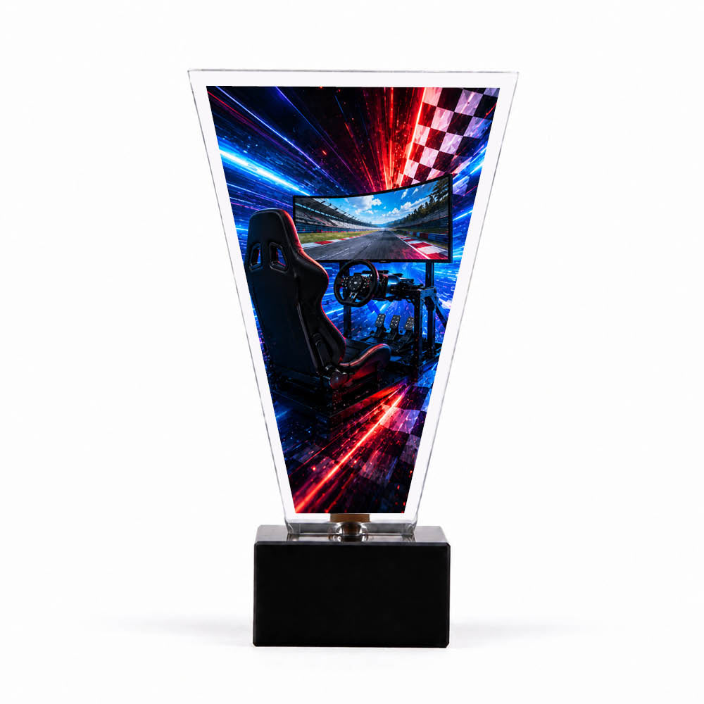 Signature Glaspokal für Simracing mit dynamischem Motorsportmotiv