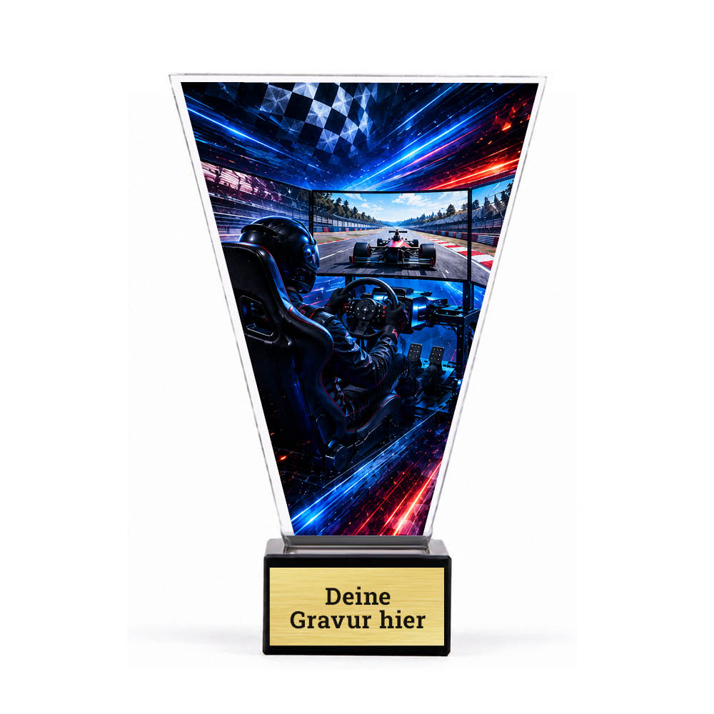 Signature Glaspokal für E-Racing mit dynamischem Motorsportmotiv