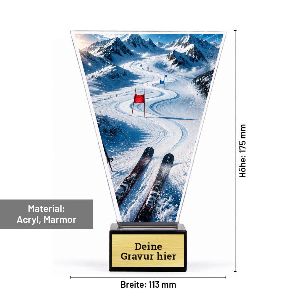 Maßbild Signature Glaspokal Skipiste: 175 mm Höhe, 113 mm Breite, Acrylplatte und Marmorsockel