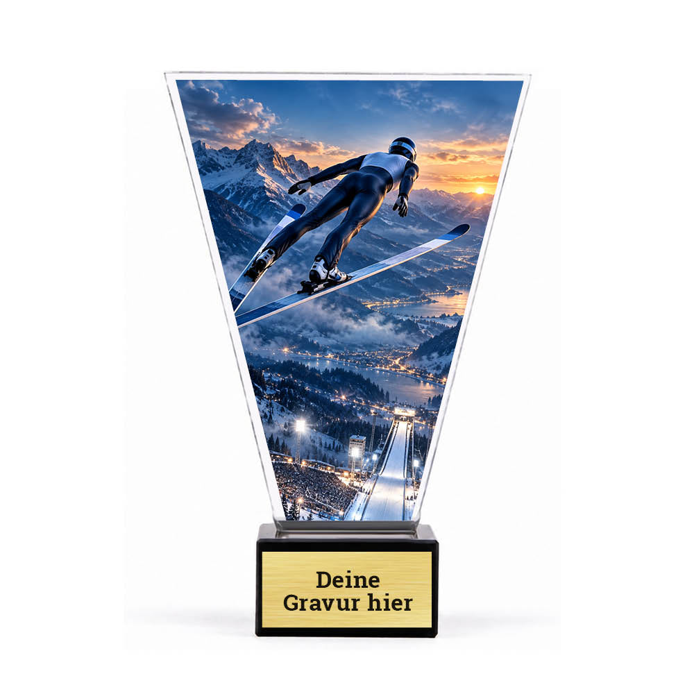 Acrylpokal mit Skispringer im Flug über der Schanze auf schwarzem Marmorsockel mit Sockelschild