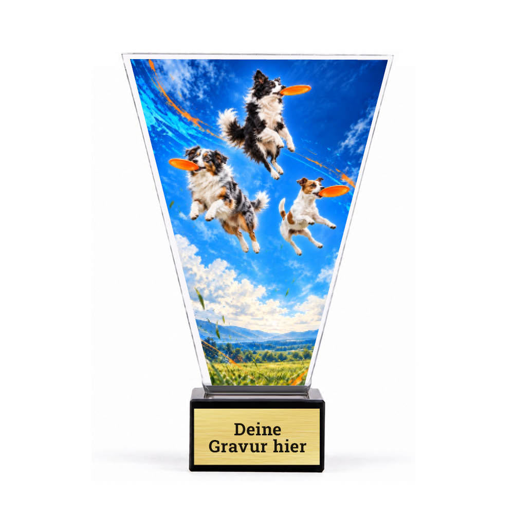 Signature Pokal Dog Frisbee auf Sockel – Produktansicht