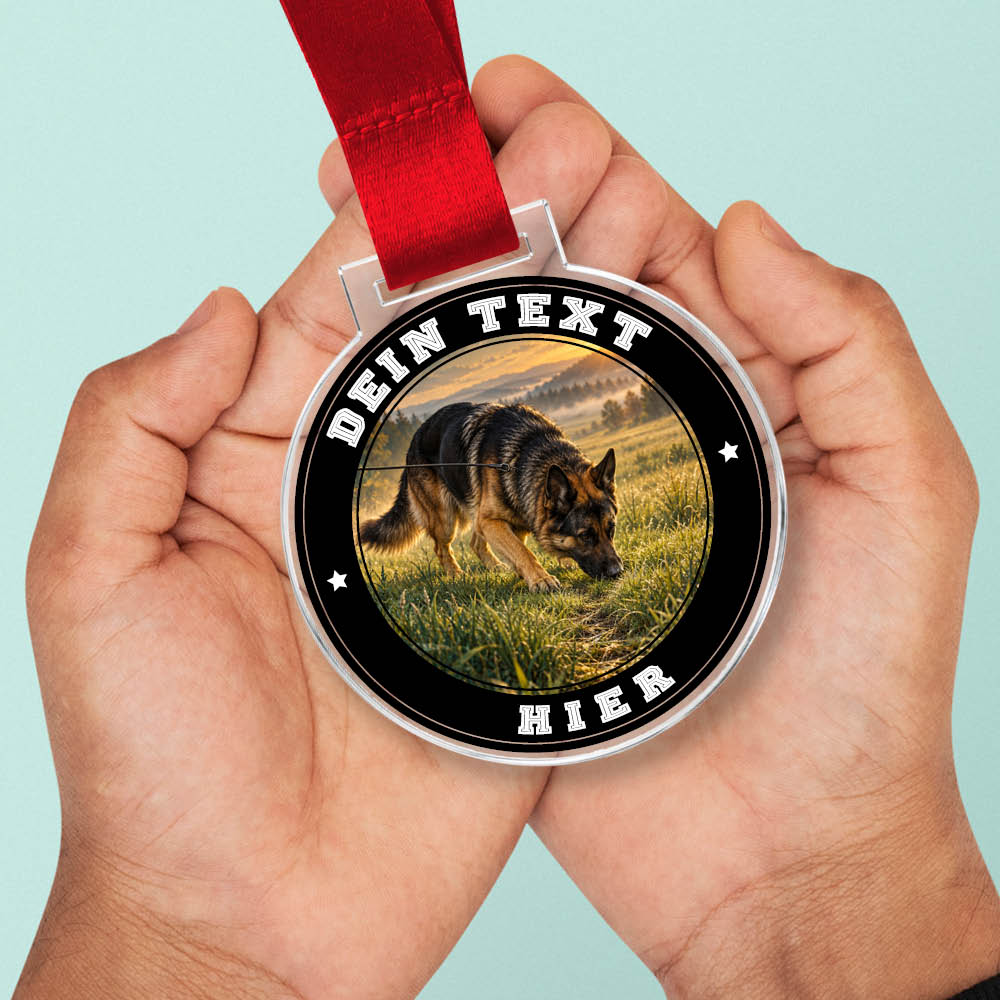Signature Medaille FĂ€hrtenhundsport in HĂ€nden als GröĂenvergleich