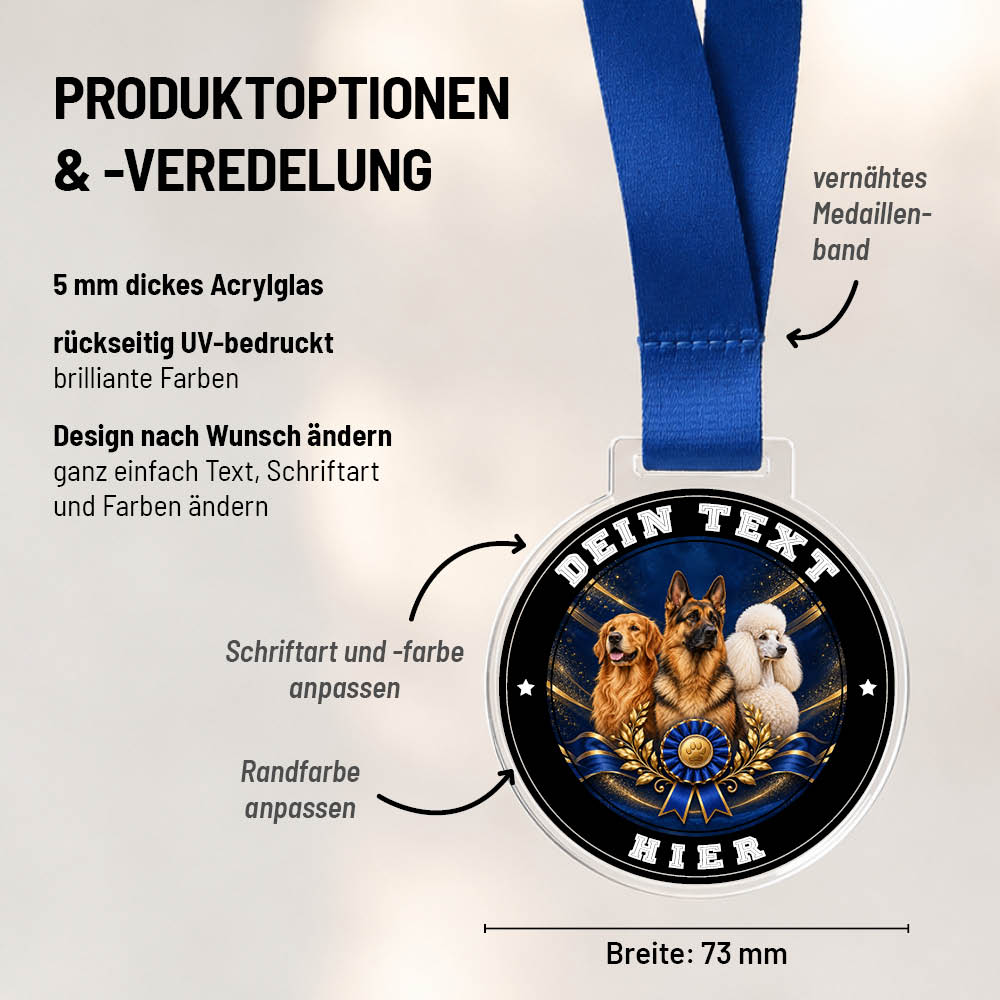Maßübersicht und Gestaltungsoptionen der Signature Medaille Hundeausstellungen