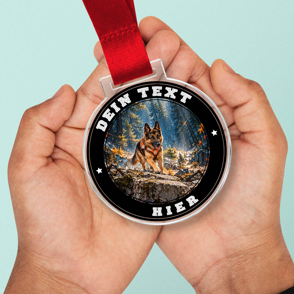 Signature Medaille Rettungshundesport in Händen als Größenvergleich