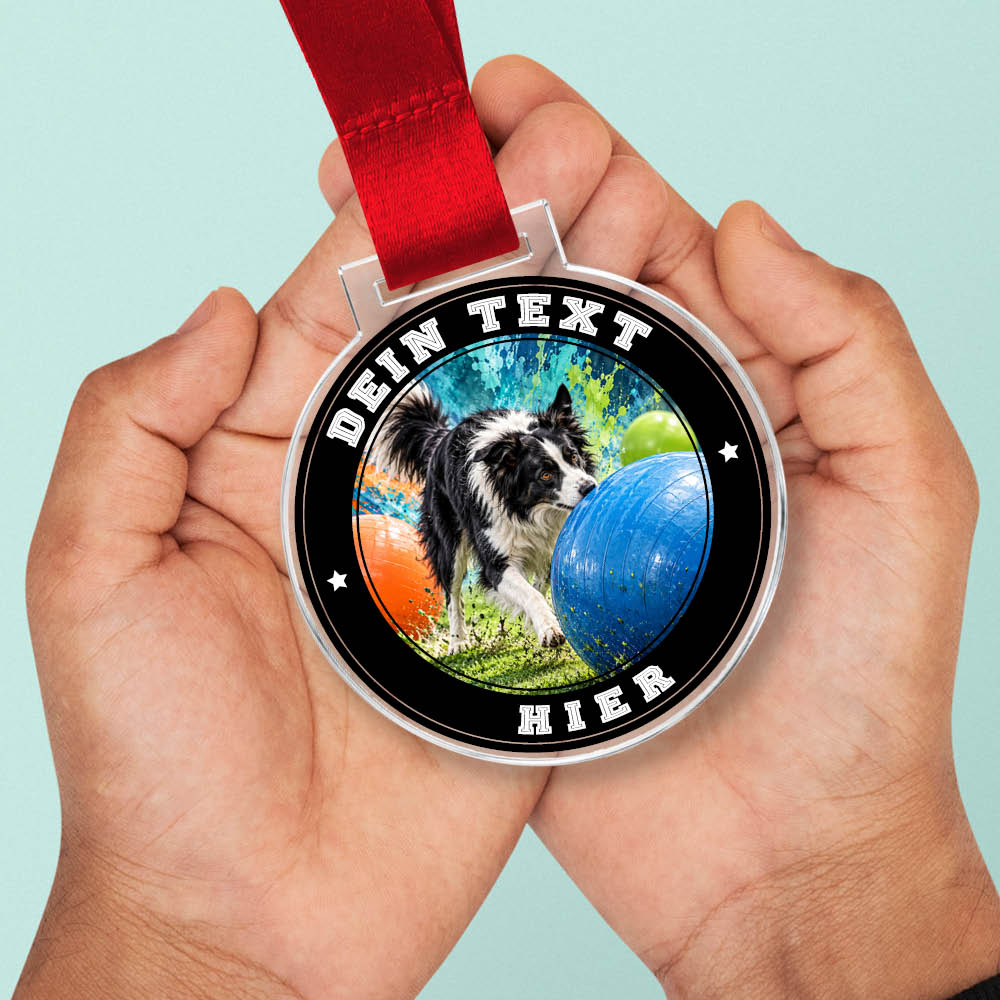 Signature Medaille Treibball in Händen als Größenvergleich