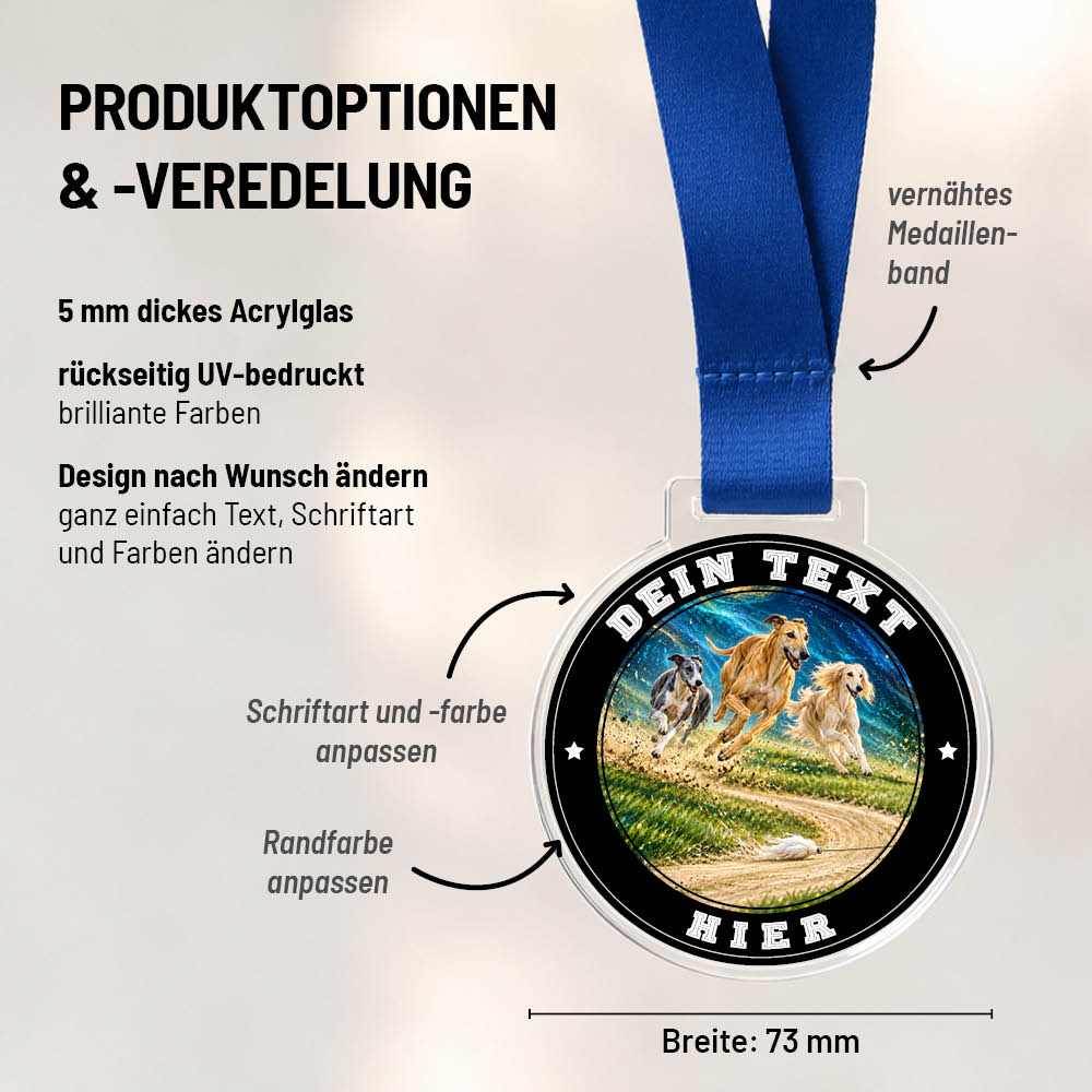 Maßübersicht und Gestaltungsoptionen der Signature Medaille Windhundrennen
