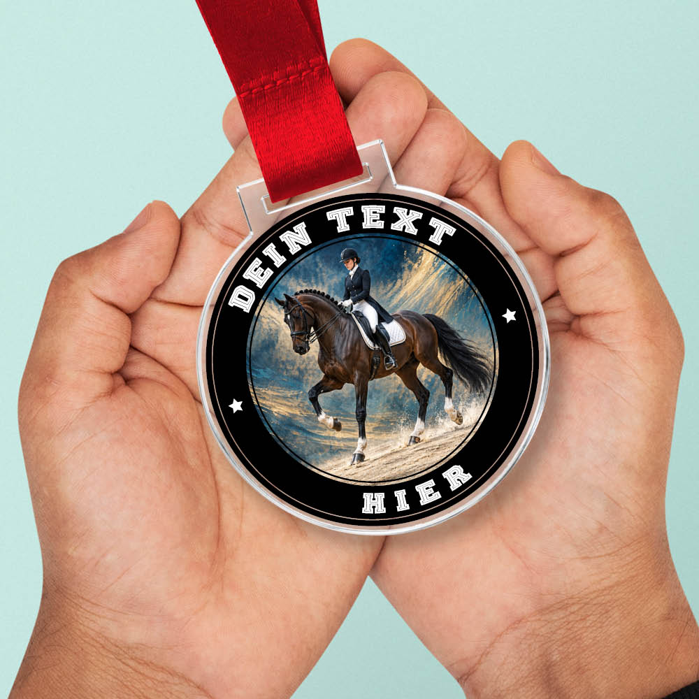 Signature Medaille Dressurreiten in Händen als Größenvergleich