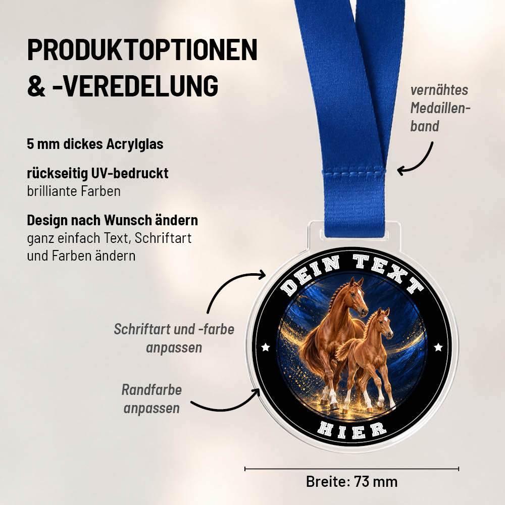 Maßübersicht und Gestaltungsoptionen der Signature Medaille Fohlenschauen und Zuchtpreise