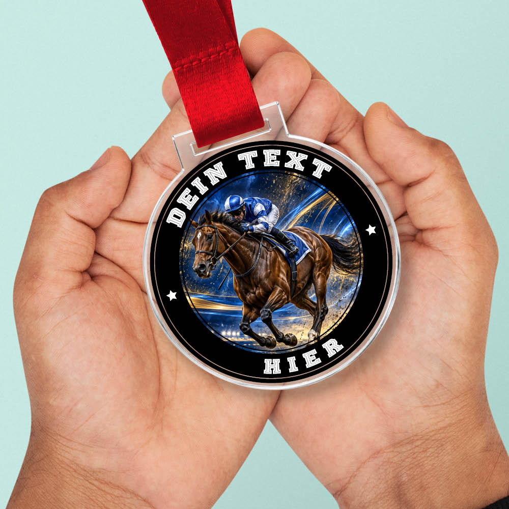 Signature Medaille Galopprennen in Händen als Größenvergleich