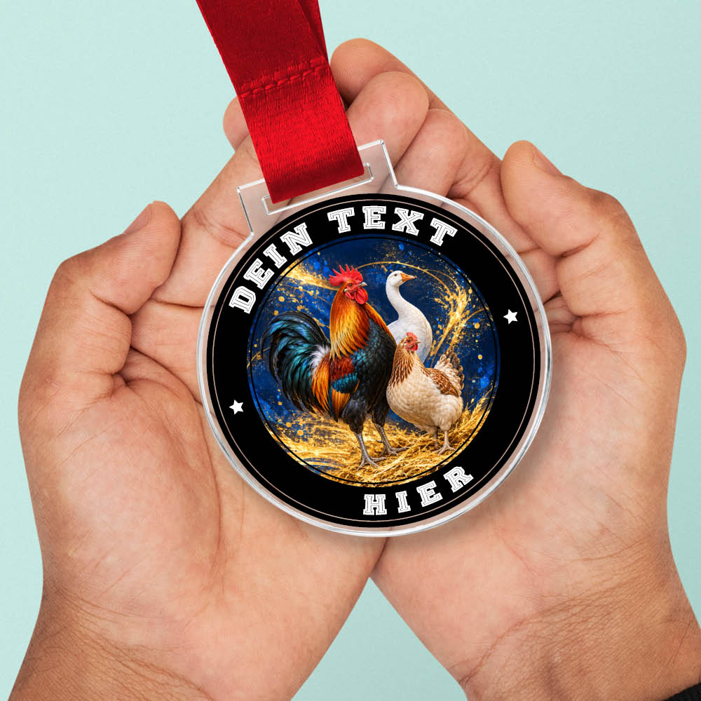 Signature Medaille Geflügelzucht in Händen als Größenvergleich