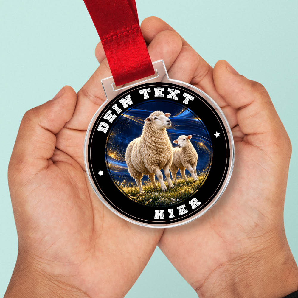Signature Medaille Schafe in Händen als Größenvergleich