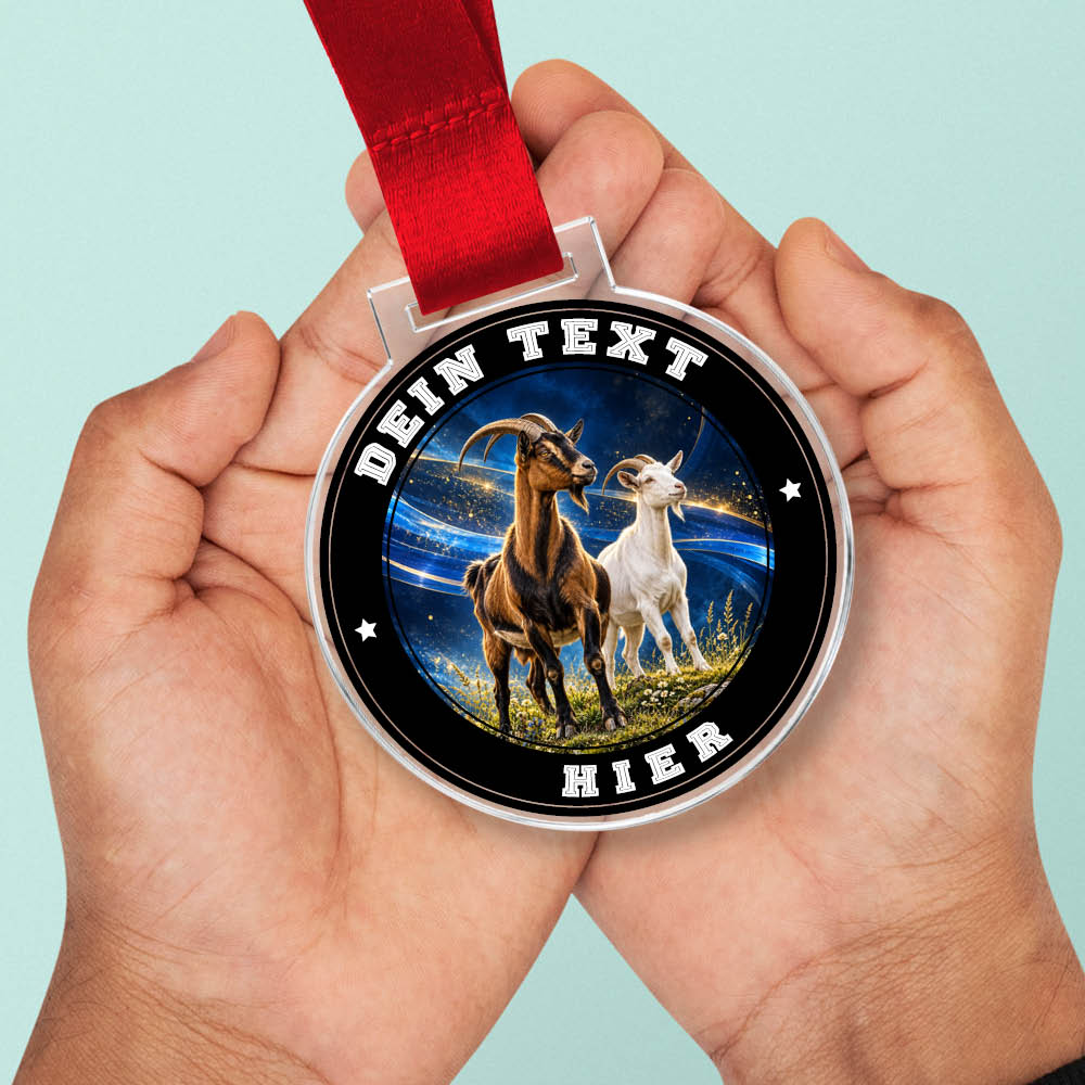 Signature Medaille Ziegen in Händen als Größenvergleich