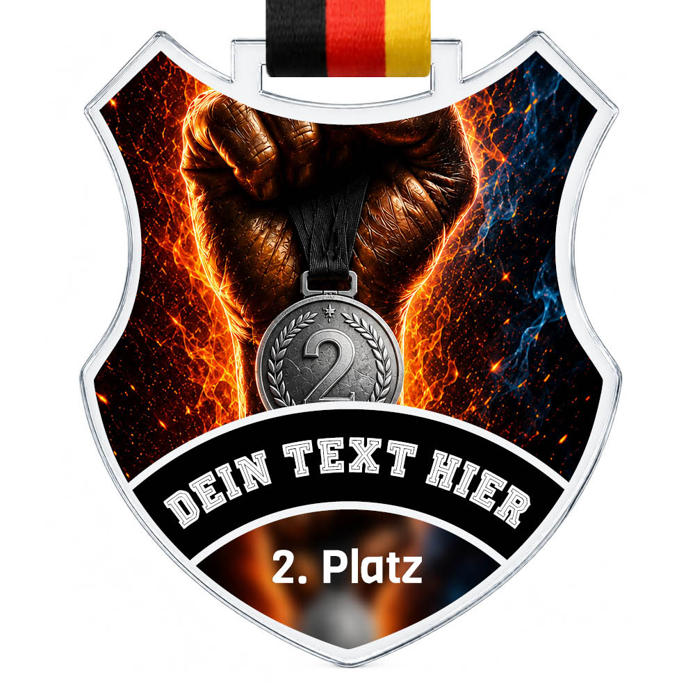 Wappen-Medaille: Faust und Medaille mit Platzierungszahl 2