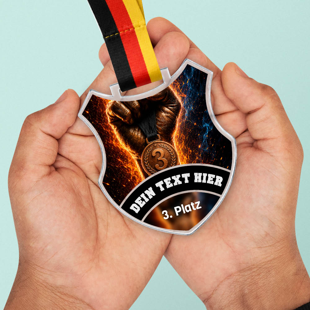 Wappen Medaille Dritter Platz in Händen als Größenvergleich