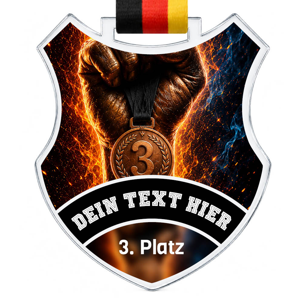 Wappen-Medaille: Faust und Medaille mit Platzierungszahl 3
