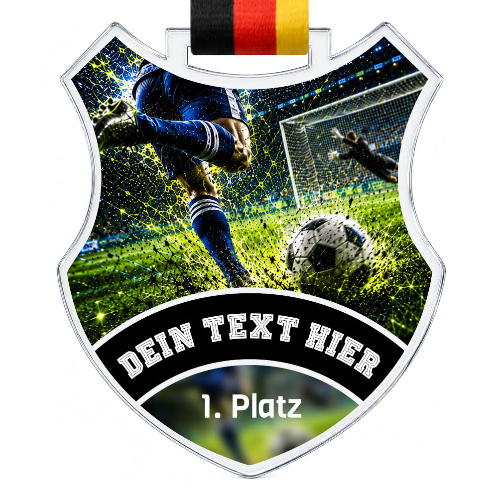 Wappen-Medaille: Fußballspieler beim Torschuss