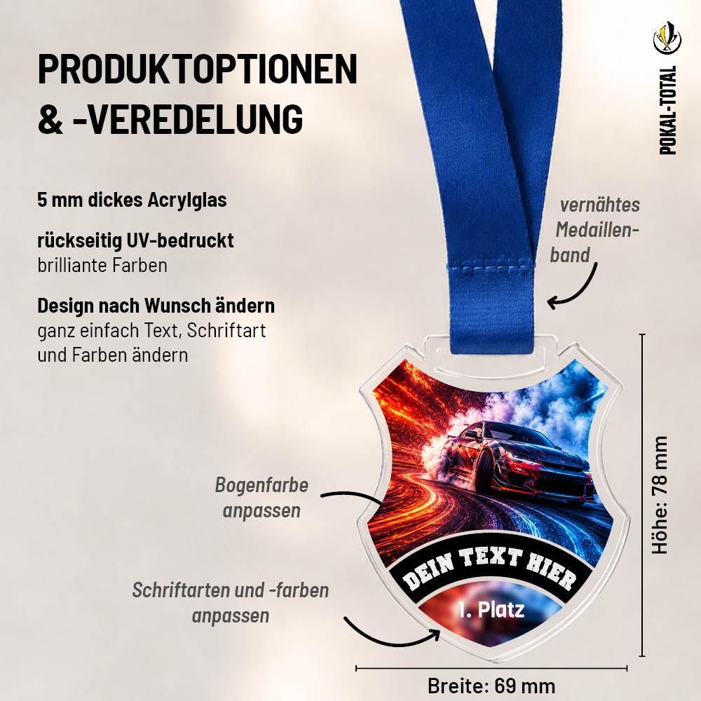 Wappen-Medaille Drift: Maße 69 × 78 mm und Gestaltungsmöglichkeiten auf 5 mm Acrylglas