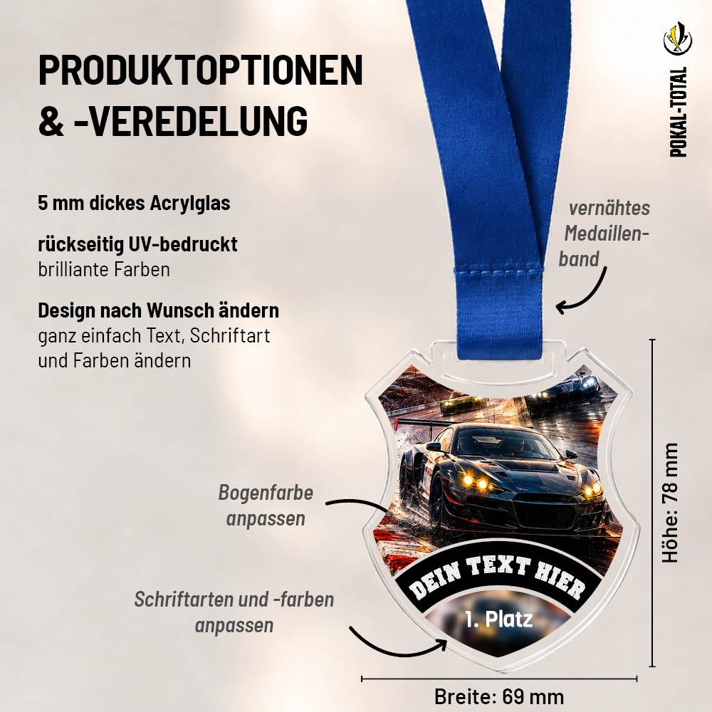 Wappen-Medaille GT Sportwagen: Maße 69 × 78 mm und Gestaltungsmöglichkeiten auf 5 mm Acrylglas