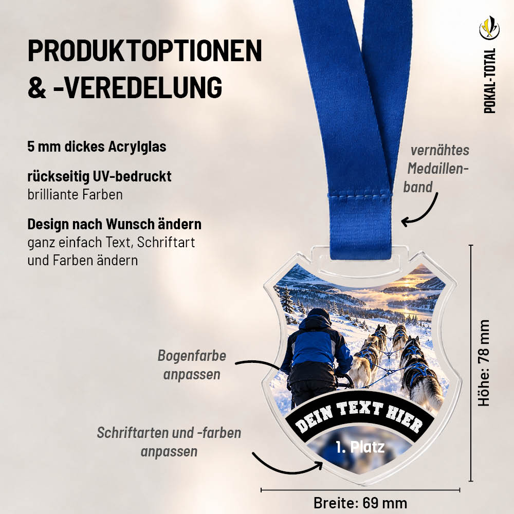 Maßübersicht der Signature Medaille Hundeschlittenrennen