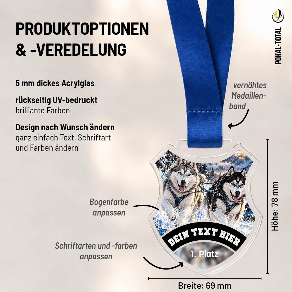 Maßübersicht der Wappen Medaille Schlittenhundsport