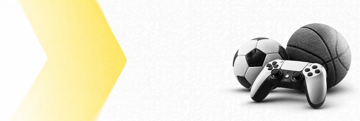 Sportspiele-Header mit Gamecontroller, Fußball und Basketball in Schwarz-Weiß und gelbem Chevron