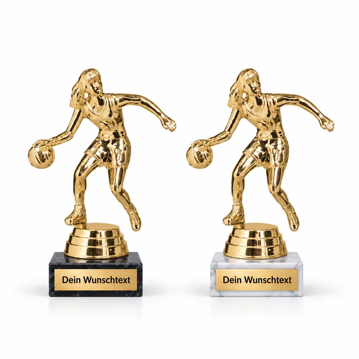 Basketball|weiblich Pokal-Figur Brüssel auf schwarzem und weißem Marmorsockel mit Sockelschild „Dein Wunschtext“