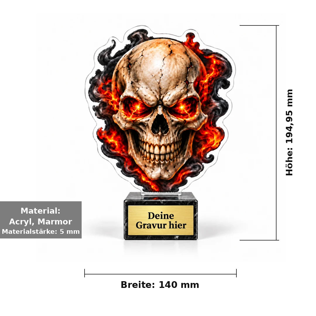 Halloween Acryl-Trophäe Totenkopf: Breite 140 mm, Gesamthöhe 194,95 mm, Material Acryl und Marmor, Materialstärke 5 mm