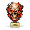 Halloween Acryl-Trophäe Totenkopf auf schwarzem Marmorsockel mit goldenem Sockelschild, Vorderansicht