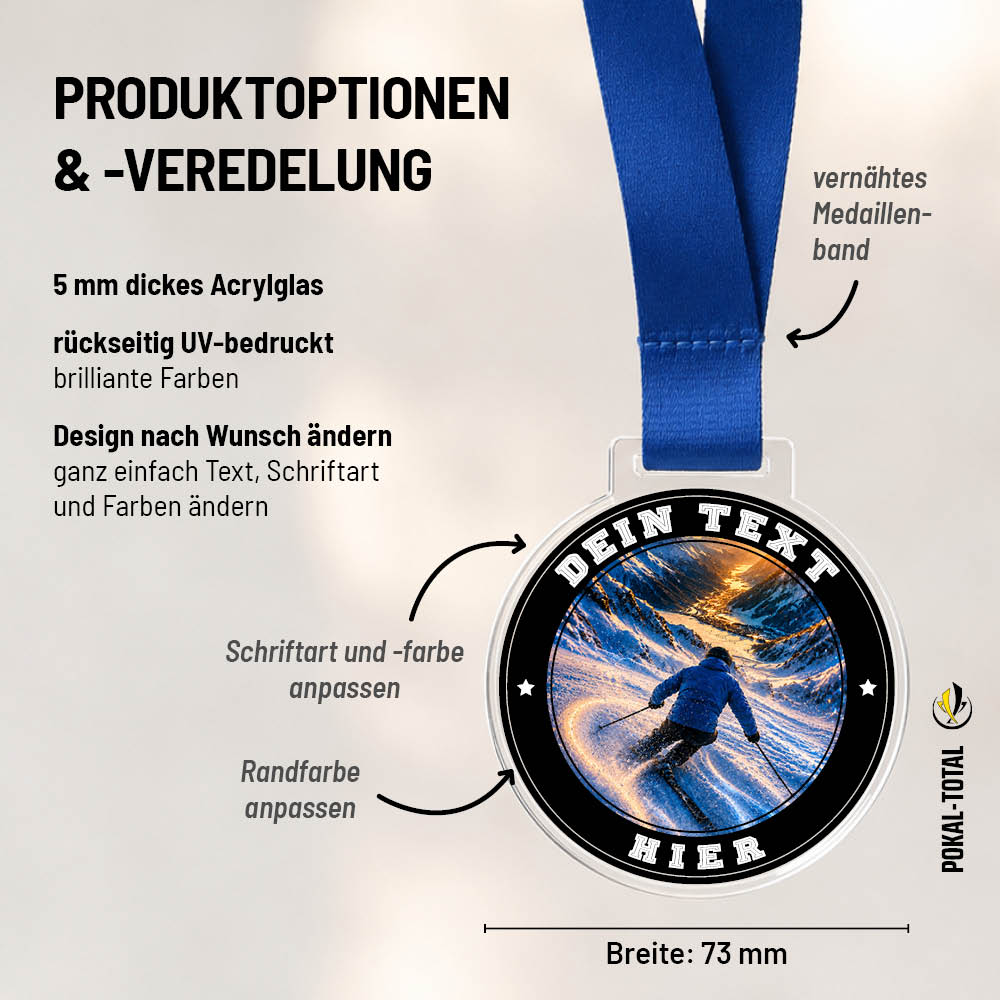 Maßübersicht der Signature Medaille Skifahren