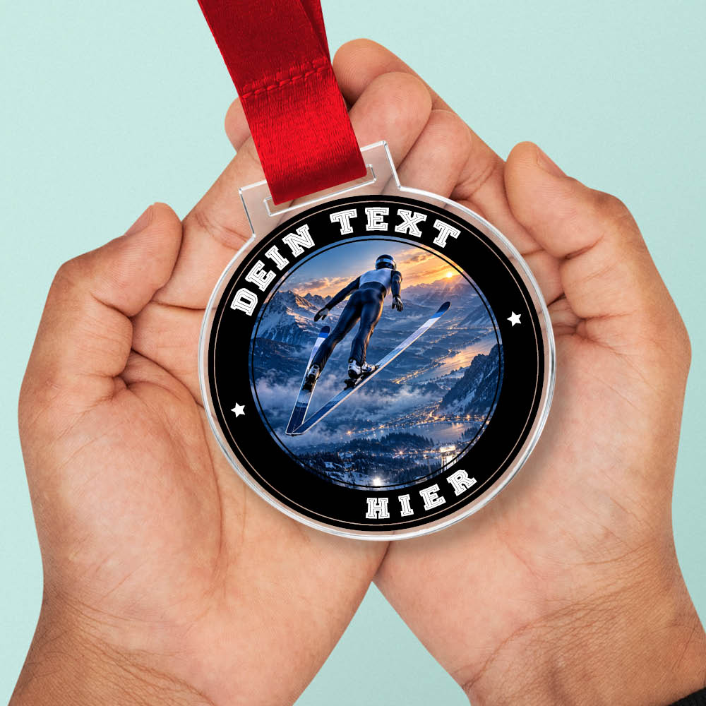 Signature Medaille Skispringen in Händen als Größenvergleich
