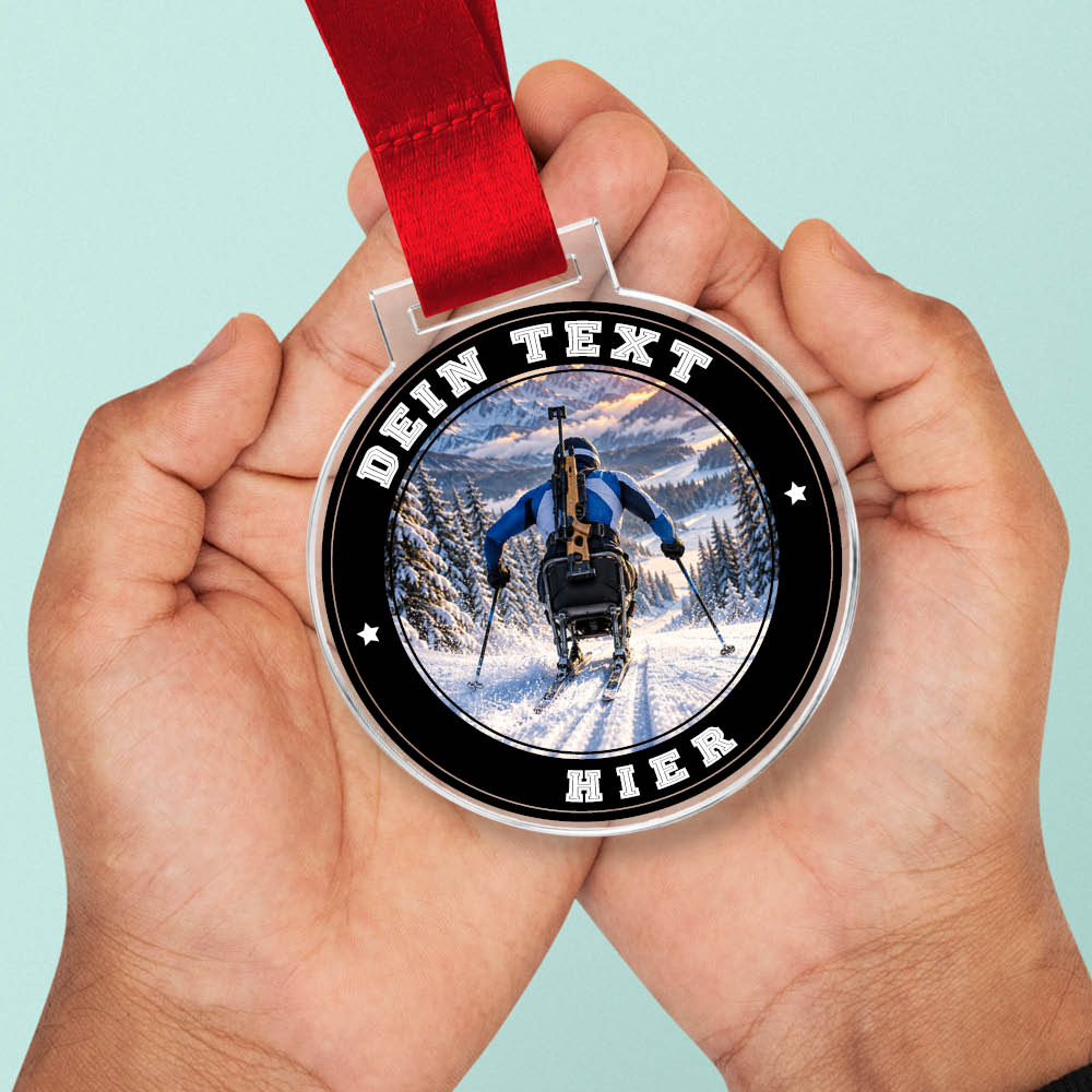 Signature Medaille Para Skifahren in Händen als Größenvergleich