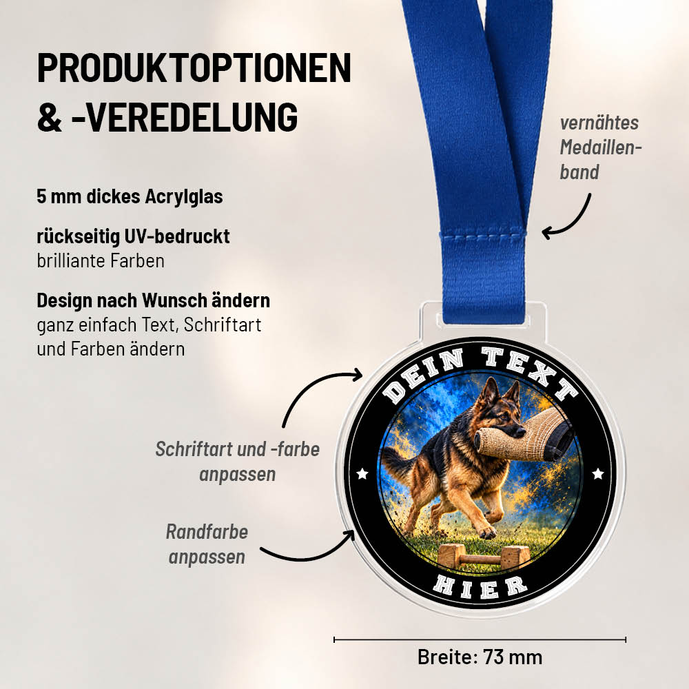 Maßübersicht und Gestaltungsoptionen der Signature Medaille Gebrauchshundesport