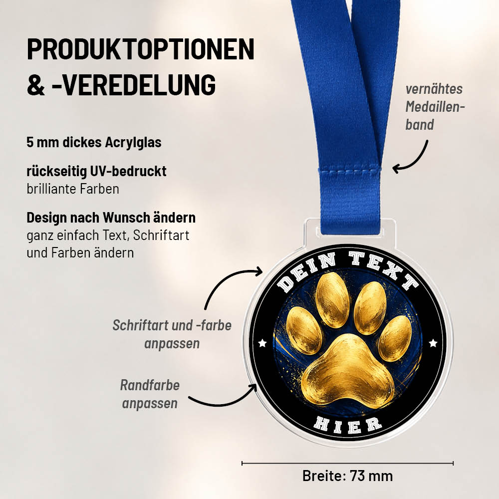Maßübersicht und Gestaltungsoptionen der Signature Medaille Goldene Hundepfoten