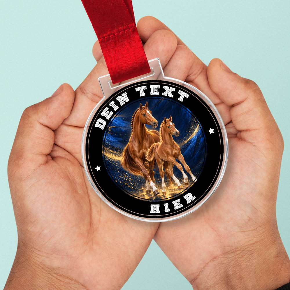 Signature Medaille Fohlenschauen und Zuchtpreise in Händen als Größenvergleich