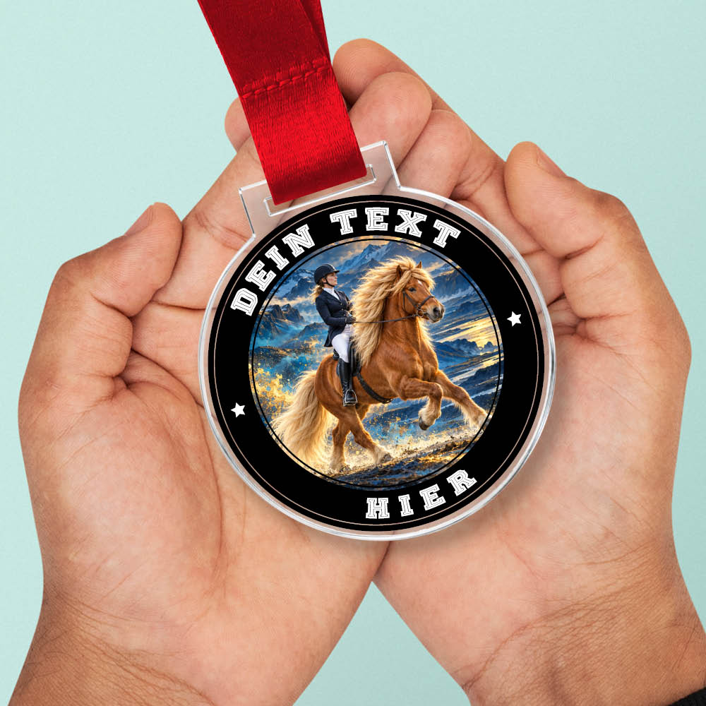 Signature Medaille Islandpferdesport in Händen als Größenvergleich