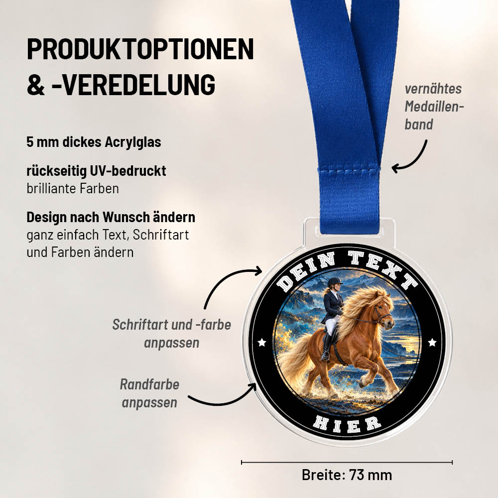 Maßübersicht und Gestaltungsoptionen der Signature Medaille Islandpferdesport