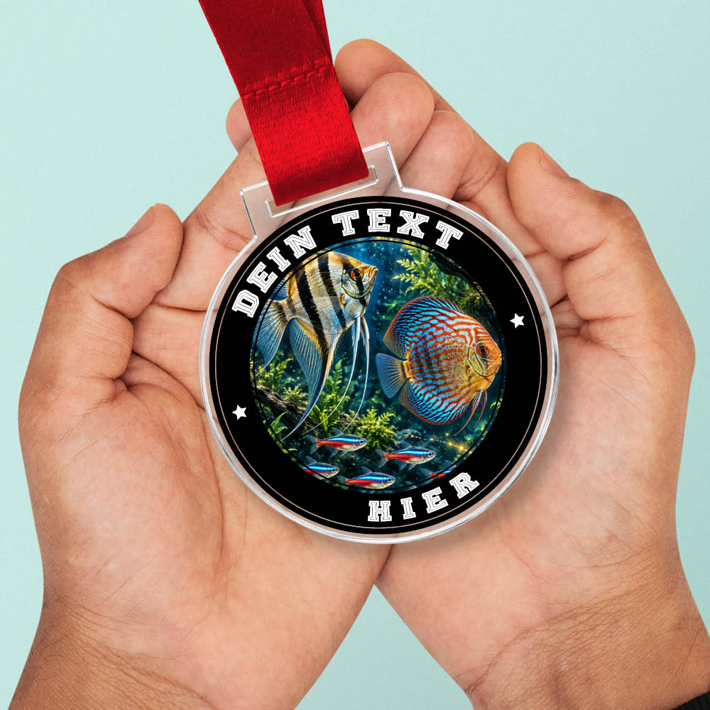 Signature Medaille Fischzucht in Händen als Größenvergleich