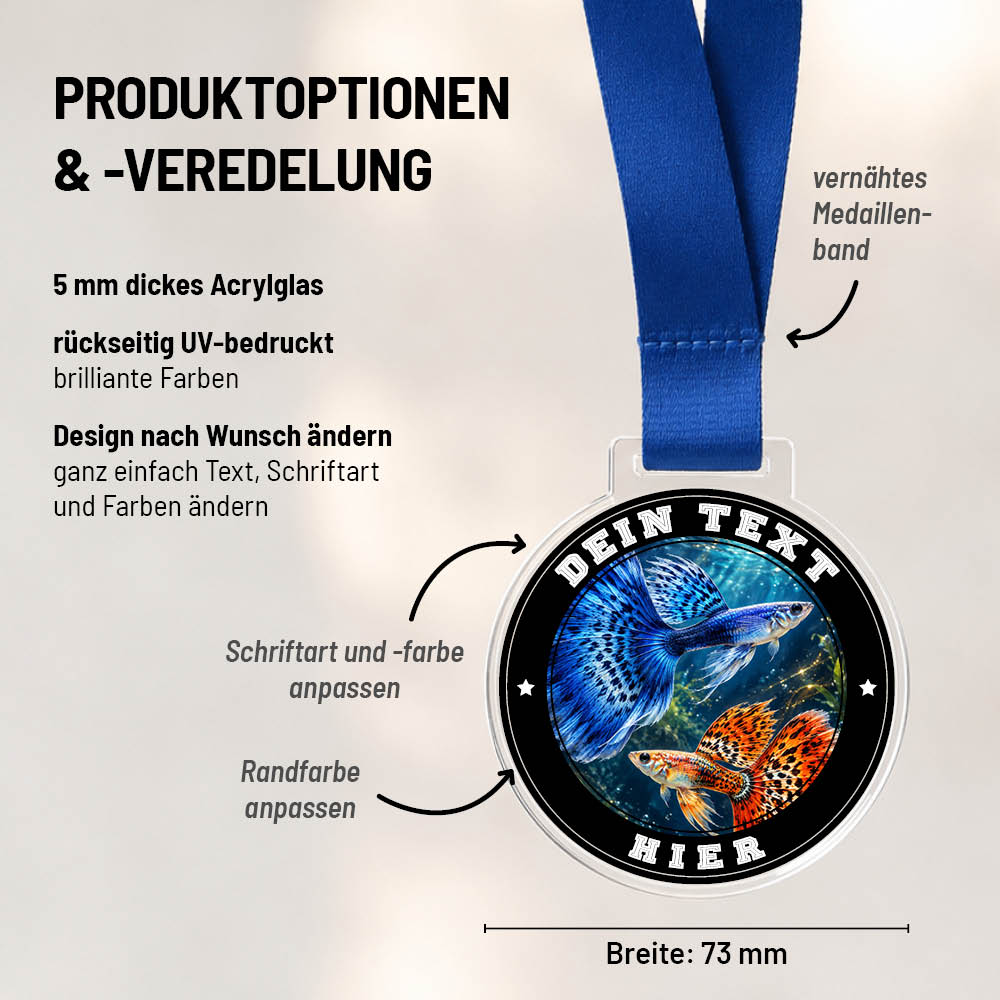 Maßübersicht und Gestaltungsoptionen der Signature Medaille Guppy-Ausstellung