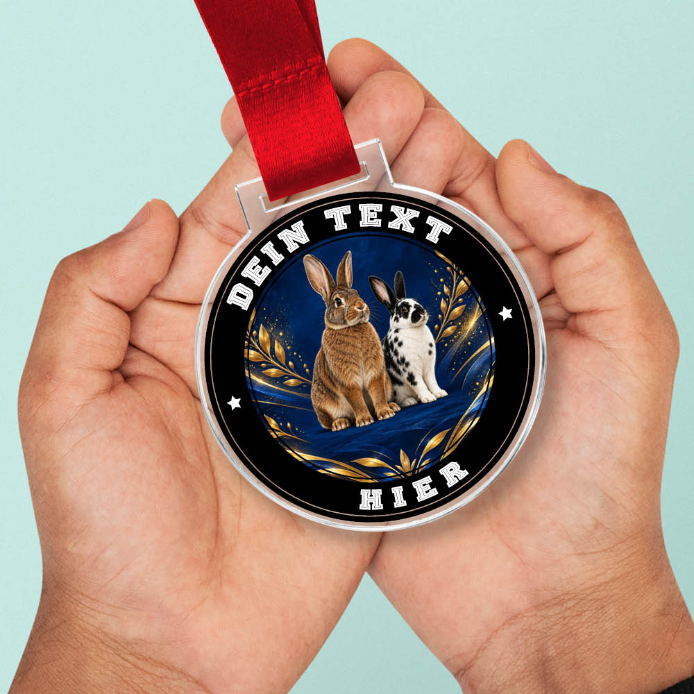 Signature Medaille Kaninchenzucht in Händen als Größenvergleich