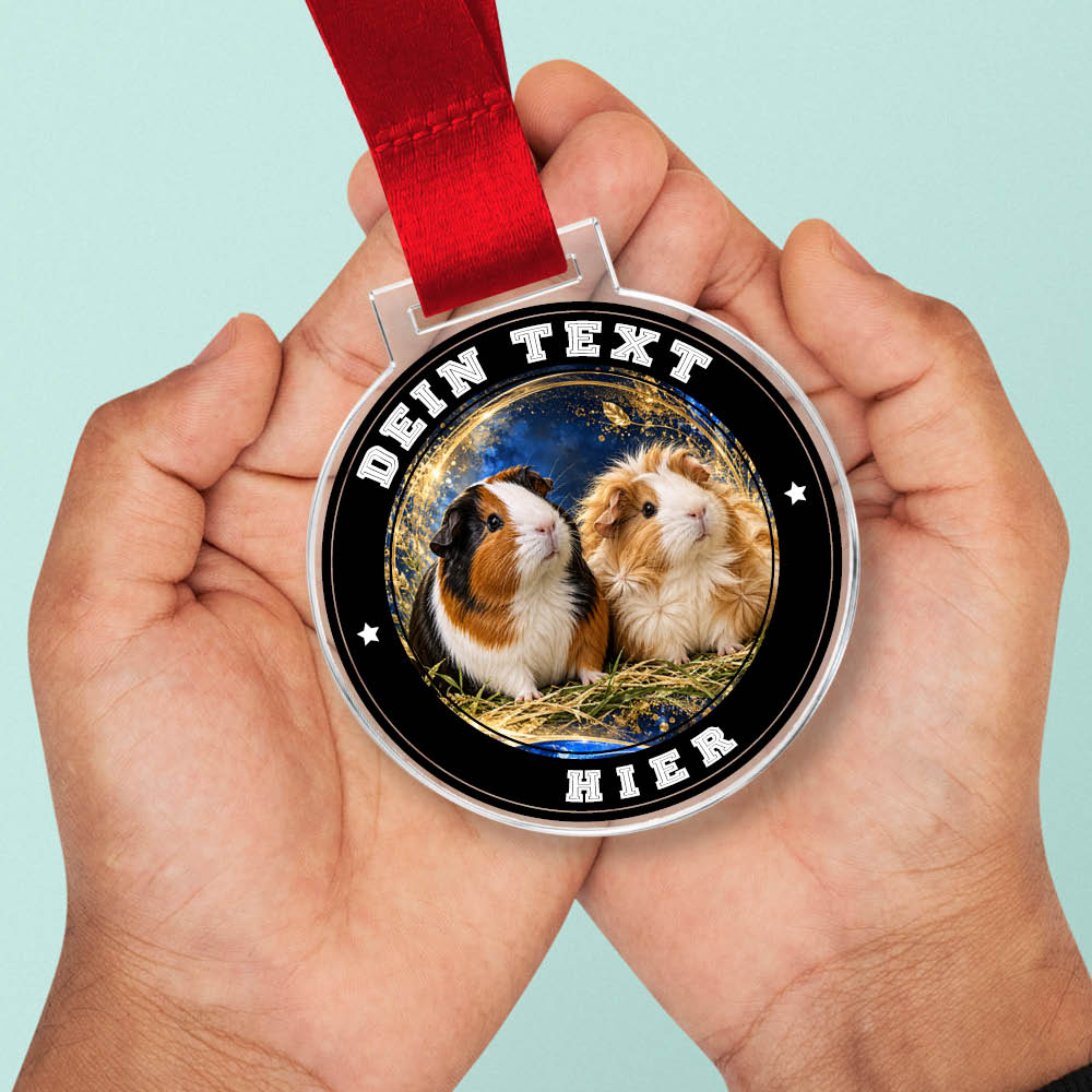 Signature Medaille Meerschweinchen in Händen als Größenvergleich