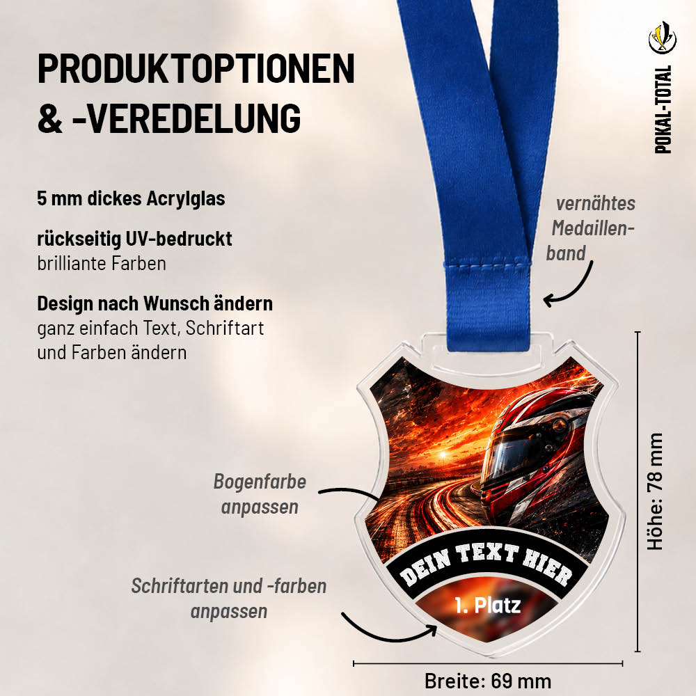 Wappen-Medaille Rennsport: Maße 69 × 78 mm und Gestaltungsmöglichkeiten auf 5 mm Acrylglas