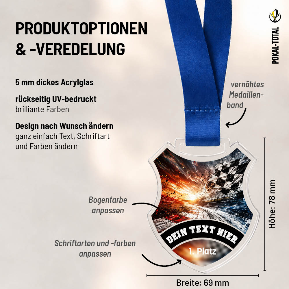 Wappen-Medaille Racing: Maße 69 × 78 mm und Gestaltungsmöglichkeiten auf 5 mm Acrylglas