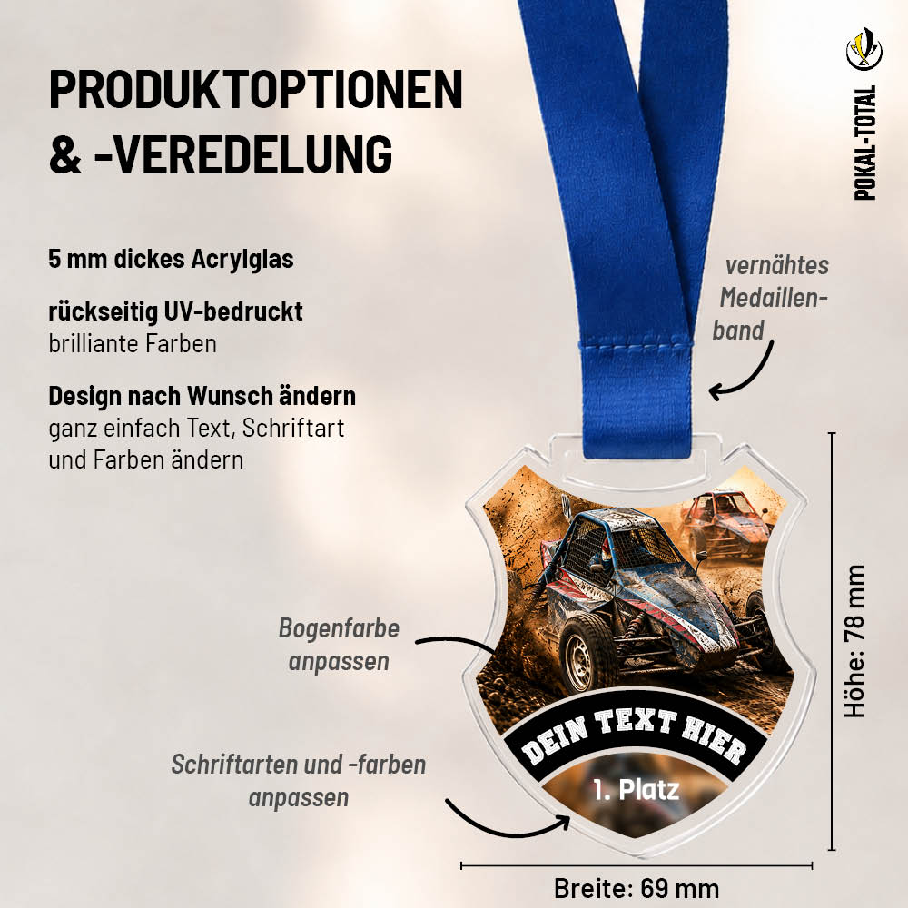 Wappen-Medaille Autocross: Maße 69 × 78 mm und Gestaltungsmöglichkeiten auf 5 mm Acrylglas