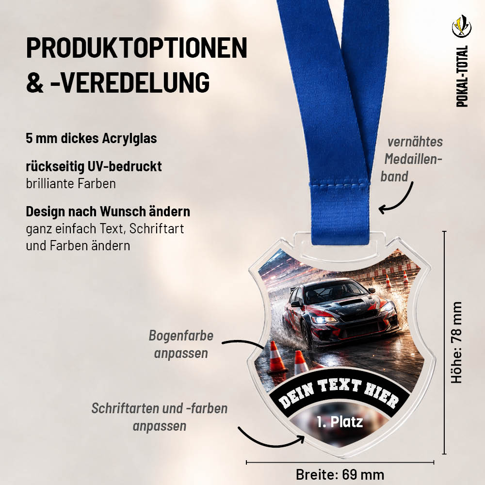 Wappen-Medaille Autoslalom: Maße 69 × 78 mm und Gestaltungsmöglichkeiten auf 5 mm Acrylglas