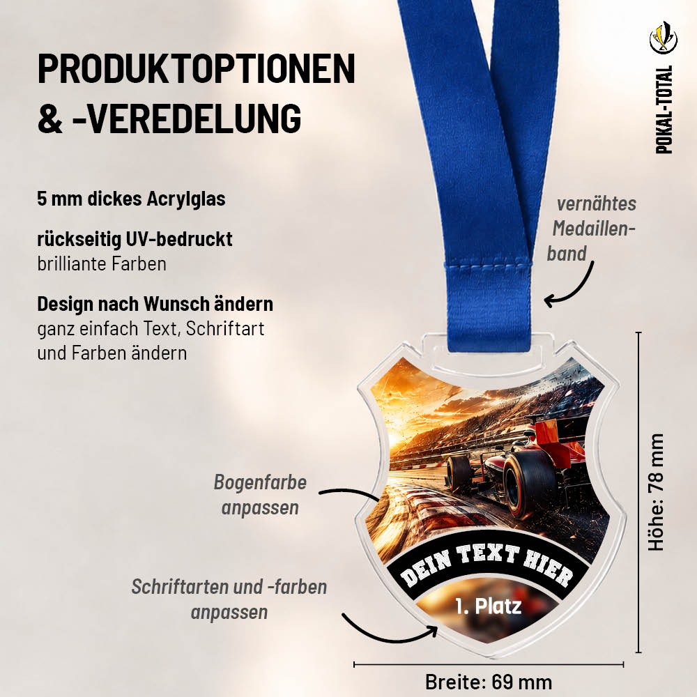 Wappen-Medaille F1: Maße 69 × 78 mm und Gestaltungsmöglichkeiten auf 5 mm Acrylglas