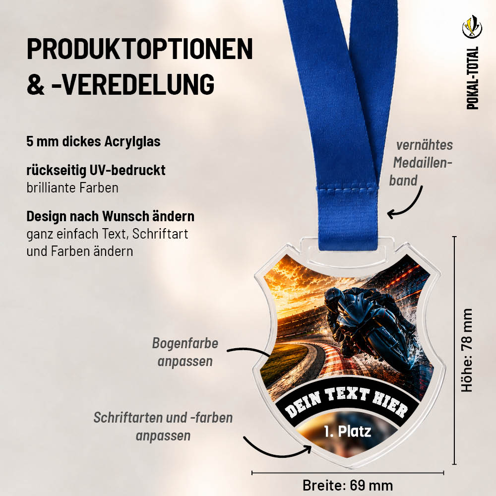 Wappen-Medaille Motorrad: Maße 69 × 78 mm und Gestaltungsmöglichkeiten auf 5 mm Acrylglas