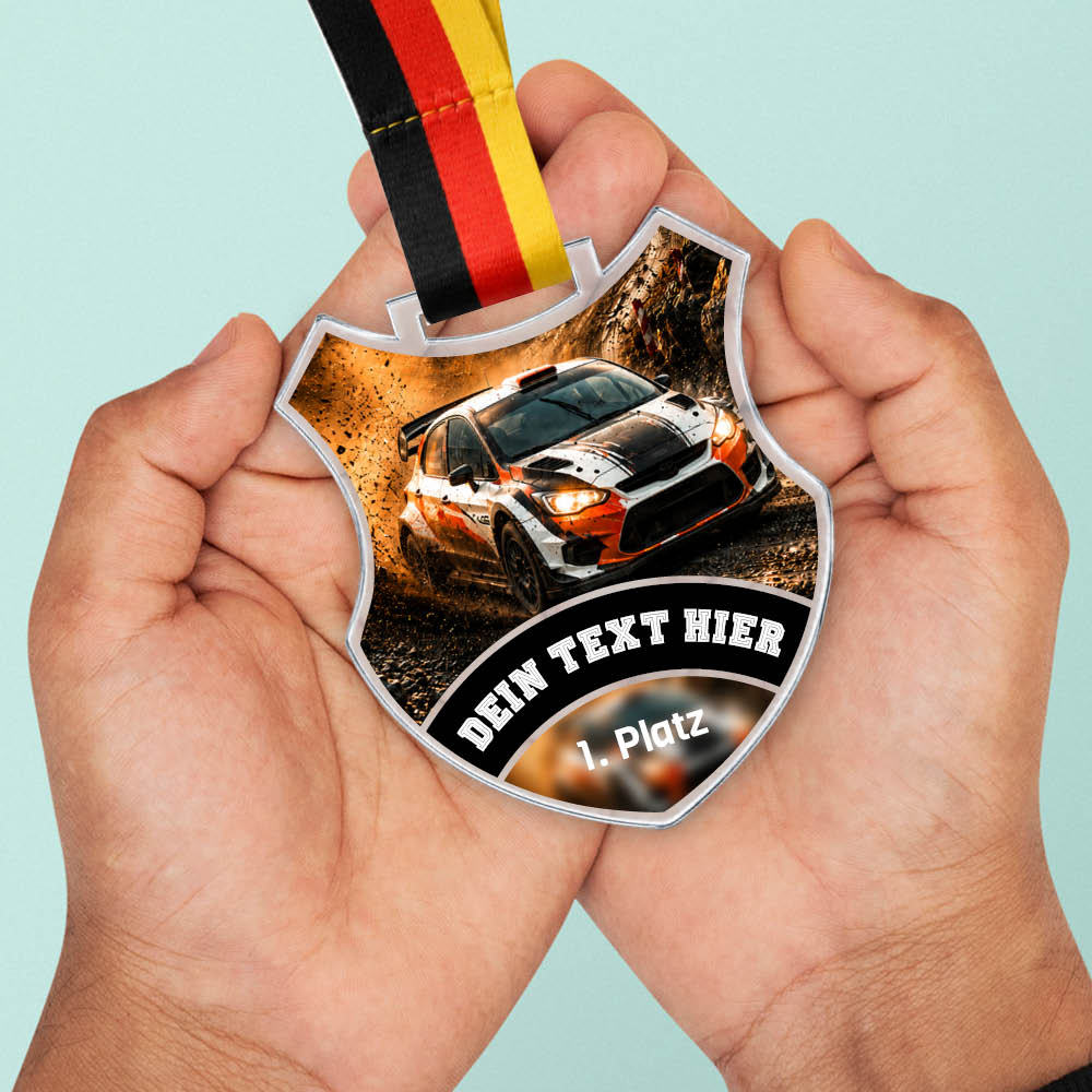 Wappen-Medaille Rallye aus Acrylglas – Größenansicht der Medaille
