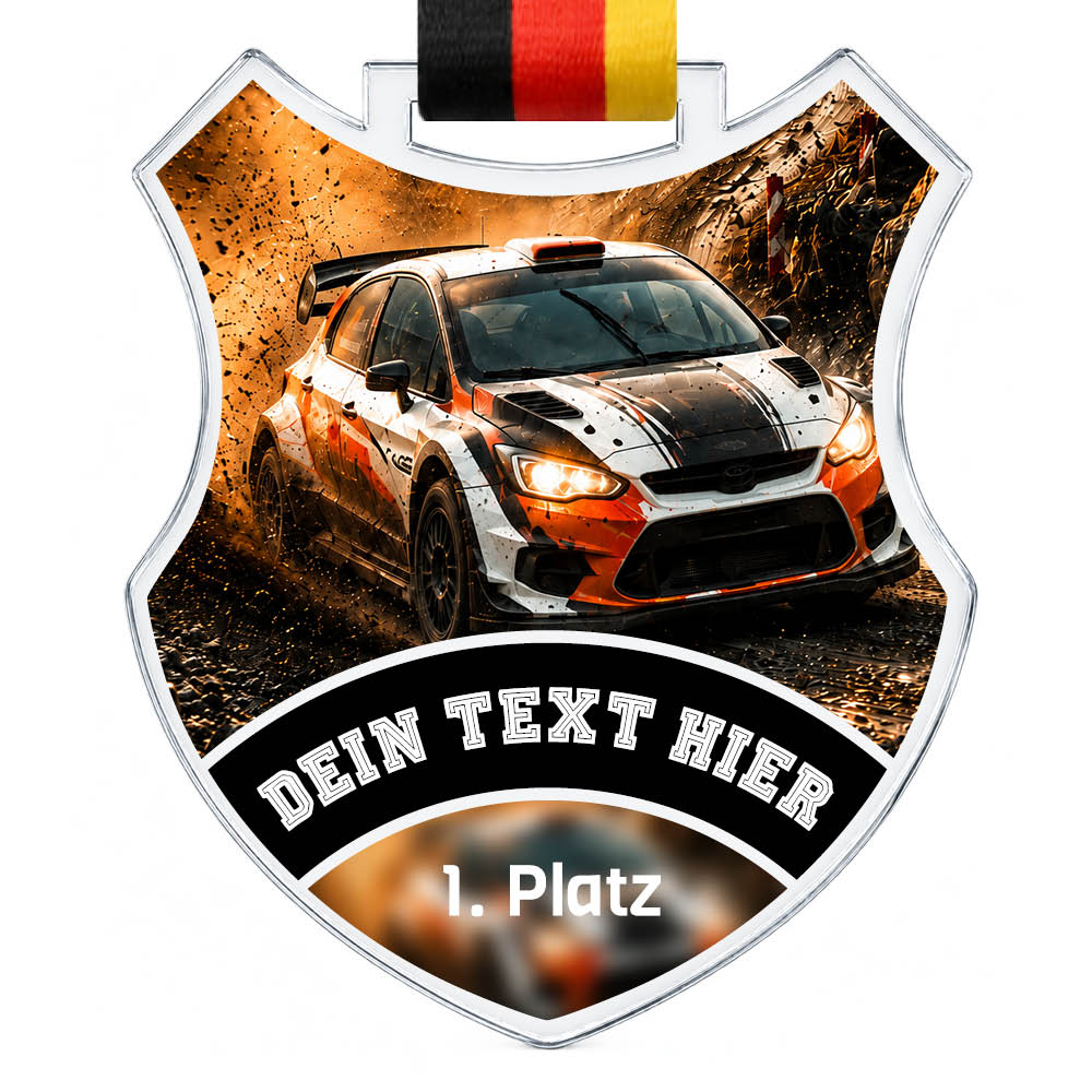 Wappen-Medaille Rallye aus Acrylglas – Produktansicht