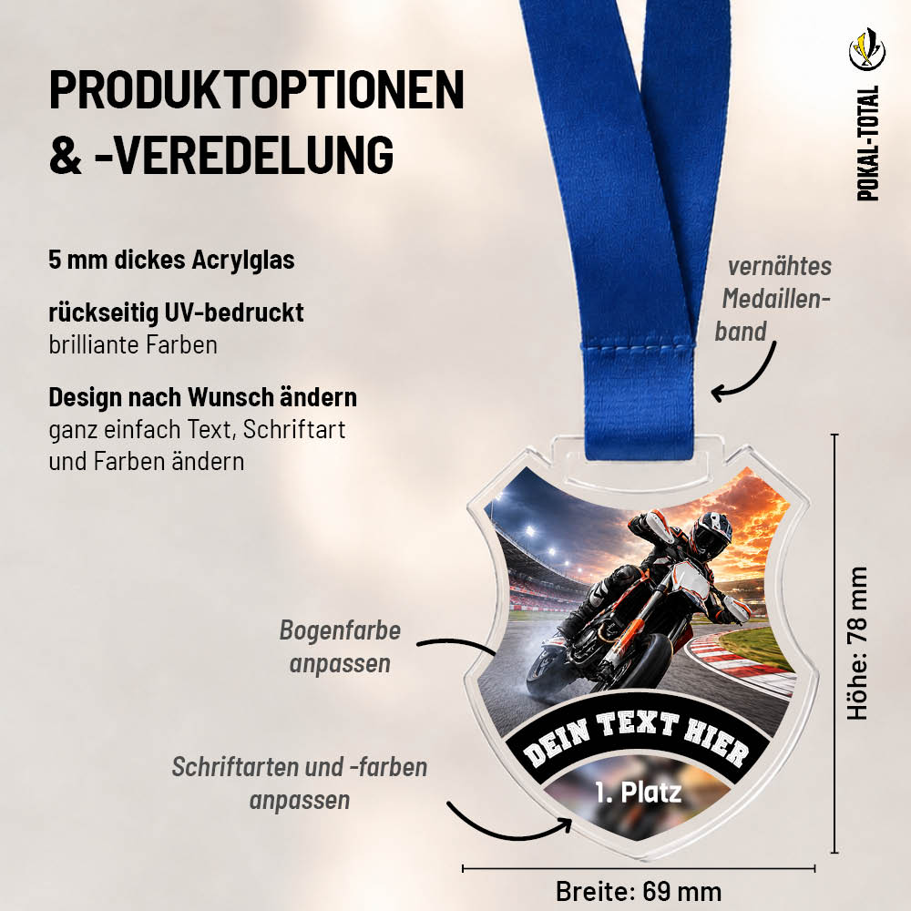 Wappen-Medaille Supermoto: Maße 69 × 78 mm und Gestaltungsmöglichkeiten auf 5 mm Acrylglas