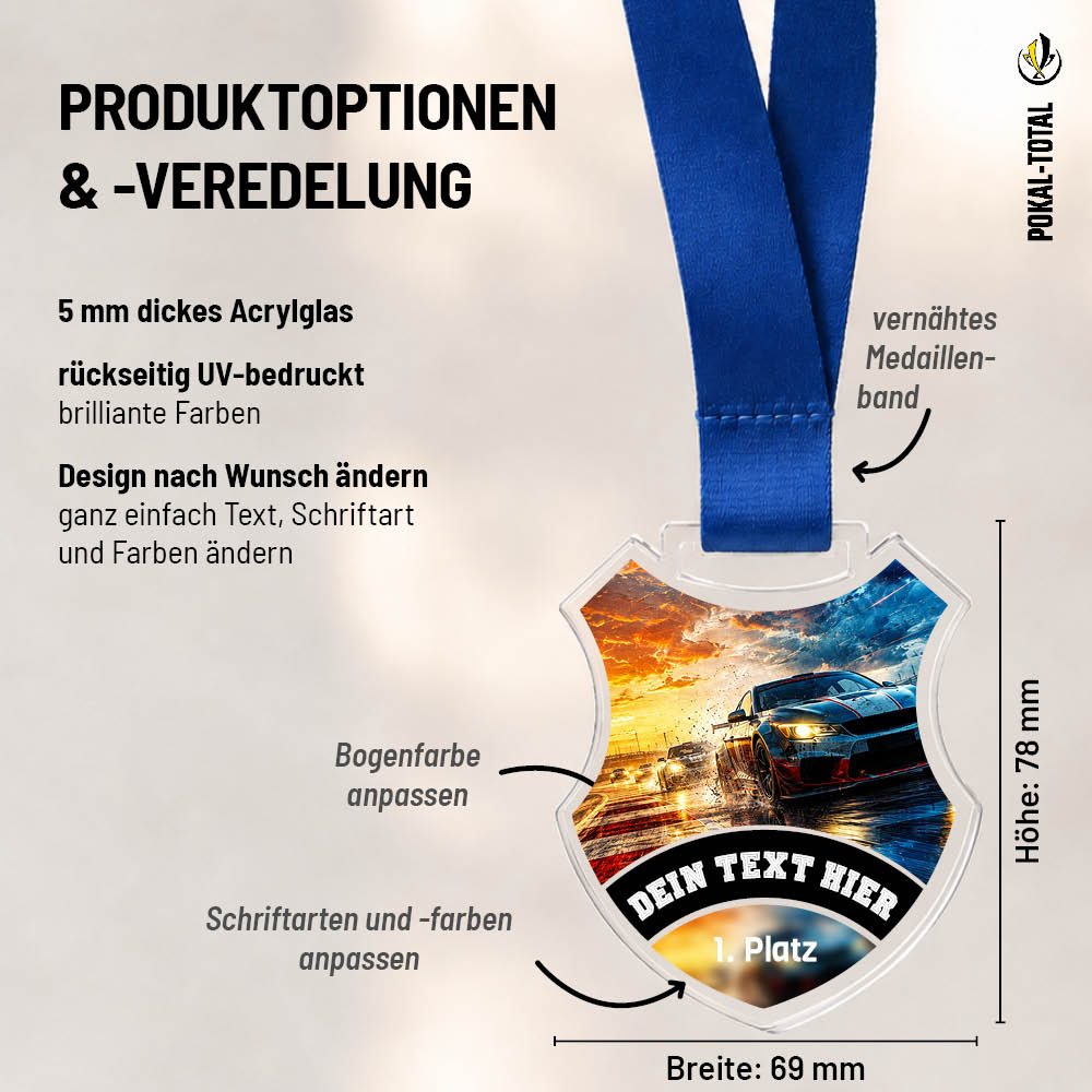 Wappen-Medaille Tourenwagen: Maße 69 × 78 mm und Gestaltungsmöglichkeiten auf 5 mm Acrylglas